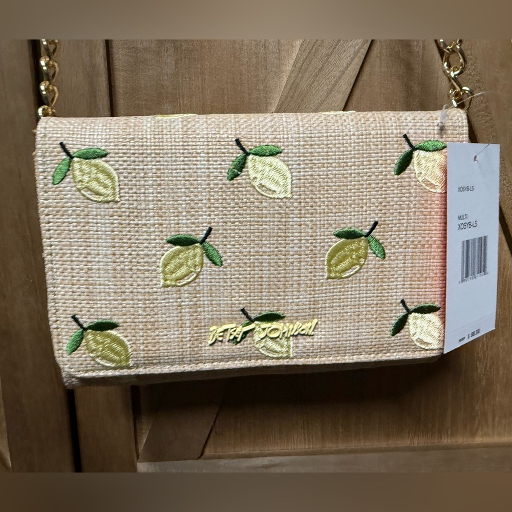 Betsey Johnson NWT Lemon Embroidered Beige Clutch On Trend Straw